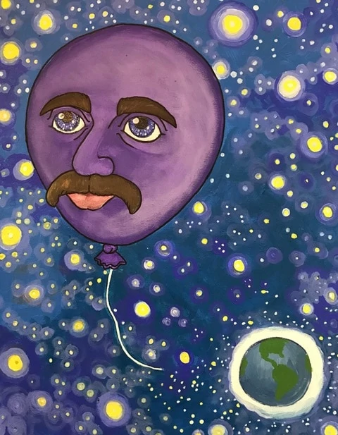 balloon with man's face in ourter space